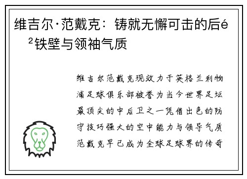维吉尔·范戴克：铸就无懈可击的后防铁壁与领袖气质